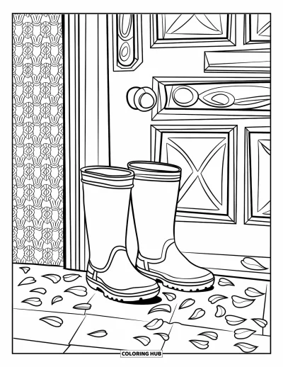 Coloriage triste pour adultes : Deux paires de bottes de pluie vides reposent près d'une porte entourée de pétales et de motifs décoratifs