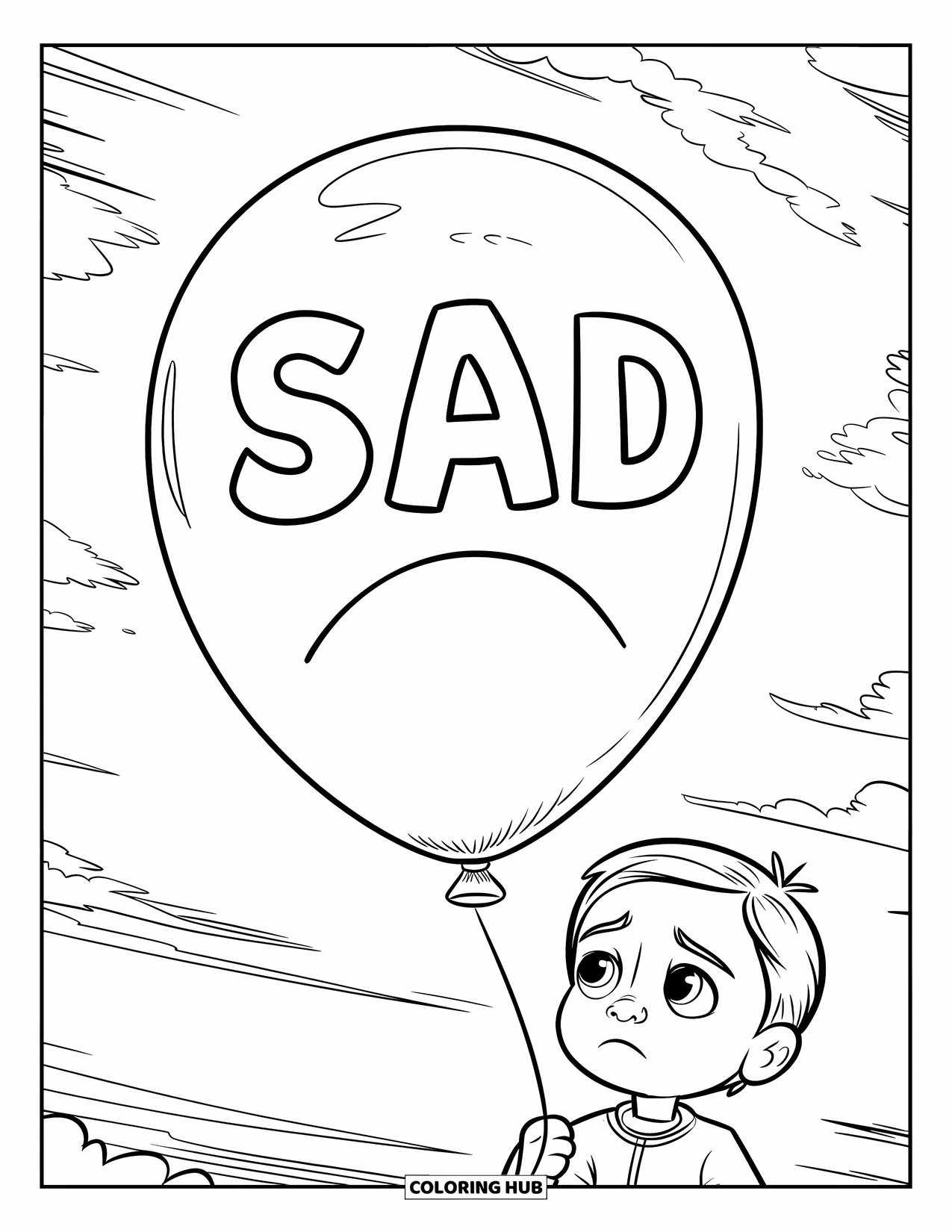 Sad Coloring Page for Kids: A balloon marked "sad" floats upward as a sad child watches under a cloudy sky
