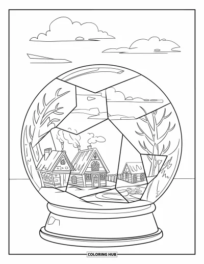 Coloriage triste pour enfants : Une boule à neige fissurée renferme une scène de village silencieuse avec des arbres dénudés et de la fumée de cheminée