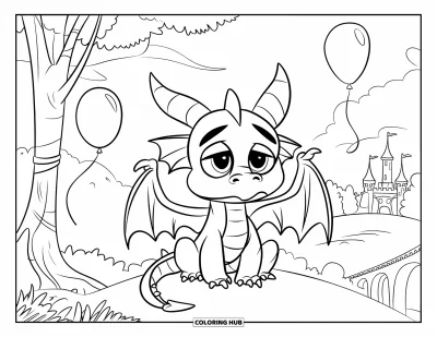 Coloriage triste pour enfants : Un dragon couronné sur une colline regarde des ballons s'envoler près d'un château et d'un pont