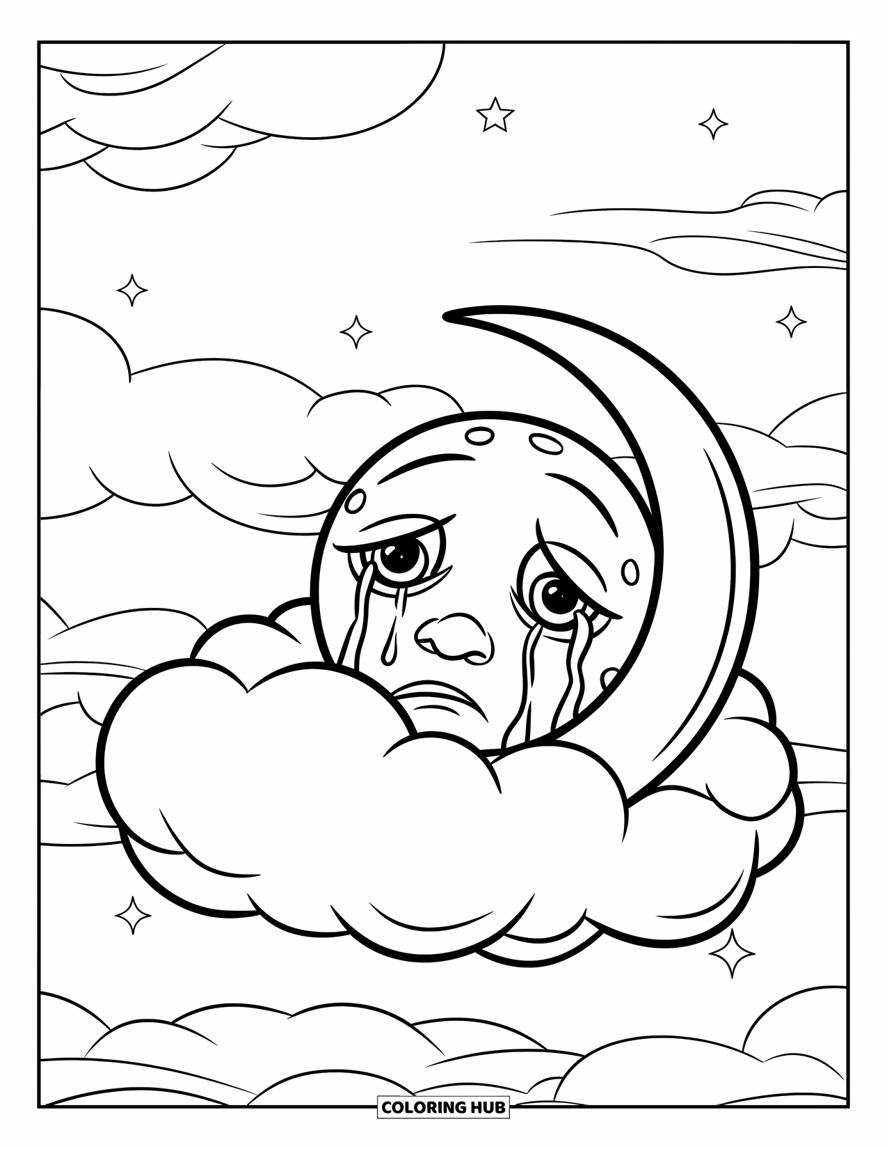 Sad Coloring Page for Kids: A crying moon peeks behind a gentle cloud under a clear sky with stars