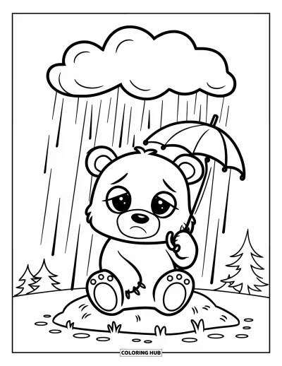 Coloriage triste pour enfants : Un adorable ours triste est assis sous un nuage de pluie en tenant un petit parapluie sur un rocher