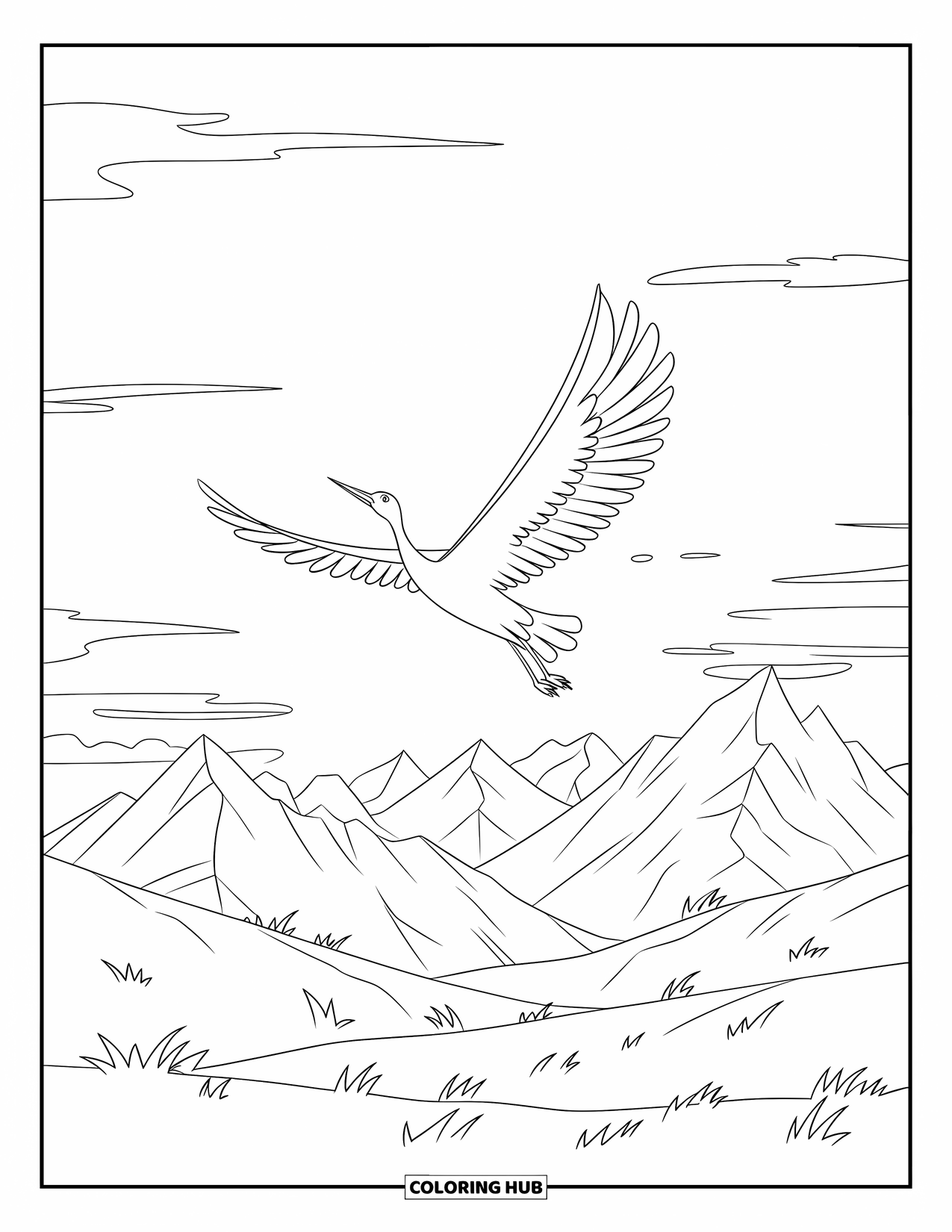 Sad Coloring Page for Kids: A lone paper crane soars above distant jagged mountains under a clear sky