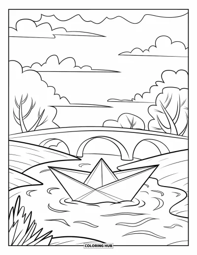 Coloriage triste pour enfants : Un bateau en papier dérive sur un ruisseau sous un ciel couvert près d'un pont et d'arbres dénudés