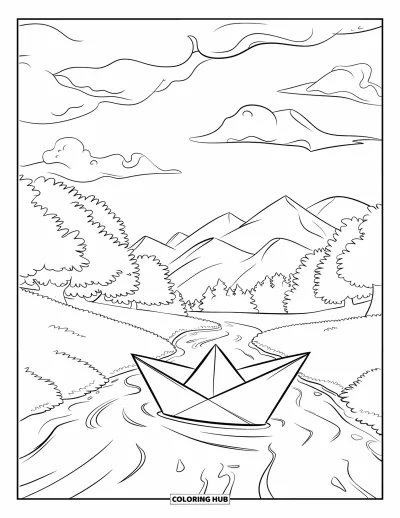 Coloriage triste pour enfants : Un bateau en papier descend un ruisseau sinueux sous des nuages sombres à travers une forêt et des collines