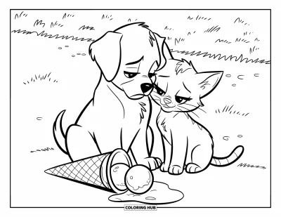 Coloriage triste pour enfants : Un chiot et un chaton sont assis l'un contre l'autre près d'une glace renversée sur l'herbe