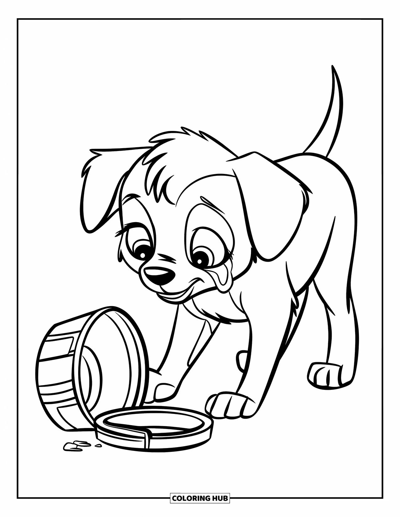 Sad Coloring Page for Kids: A puppy with big eyes and a tear looks at its toppled food bowl on the ground