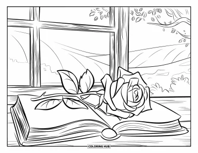 Coloriage triste pour enfants : Une rose sur un vieux livre est posée près d'une fenêtre ouverte donnant sur des collines et des arbres tranquilles