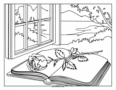Coloriage triste pour enfants : Une rose à la tige épineuse repose sur un livre ouvert près d'une fenêtre donnant sur des collines et de l'eau