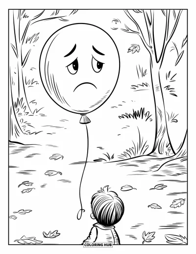 Coloriage triste pour enfants : Un ballon triste s'envole d'un bâton pendant qu'un enfant mélancolique se tient près de feuilles tombées et d'arbres