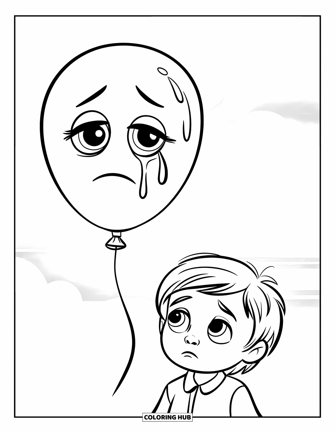 Sad Coloring Page for Kids: A sad balloon floats upward while a child watches with a sad face under a clear sky