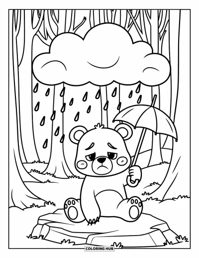 Coloriage triste pour enfants : Un ours triste avec un parapluie est assis sous la pluie sur un rocher entouré de grands arbres forestiers