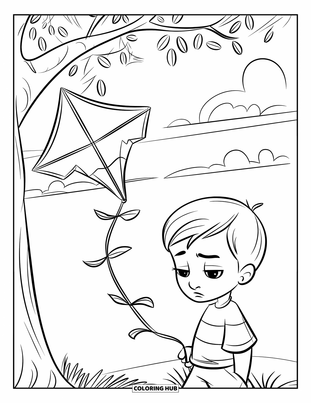 Sad Coloring Page for Kids: A sad boy looks at a broken kite tangled high in a tree with fluffy clouds above