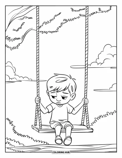 Coloriage triste pour enfants : Un garçon triste sur une balançoire contemple les nuages sous un arbre dans un paysage paisible