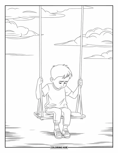 Coloriage triste pour enfants : Un garçon triste est assis sur une balançoire à regarder les nuages sous un ciel ouvert et calme