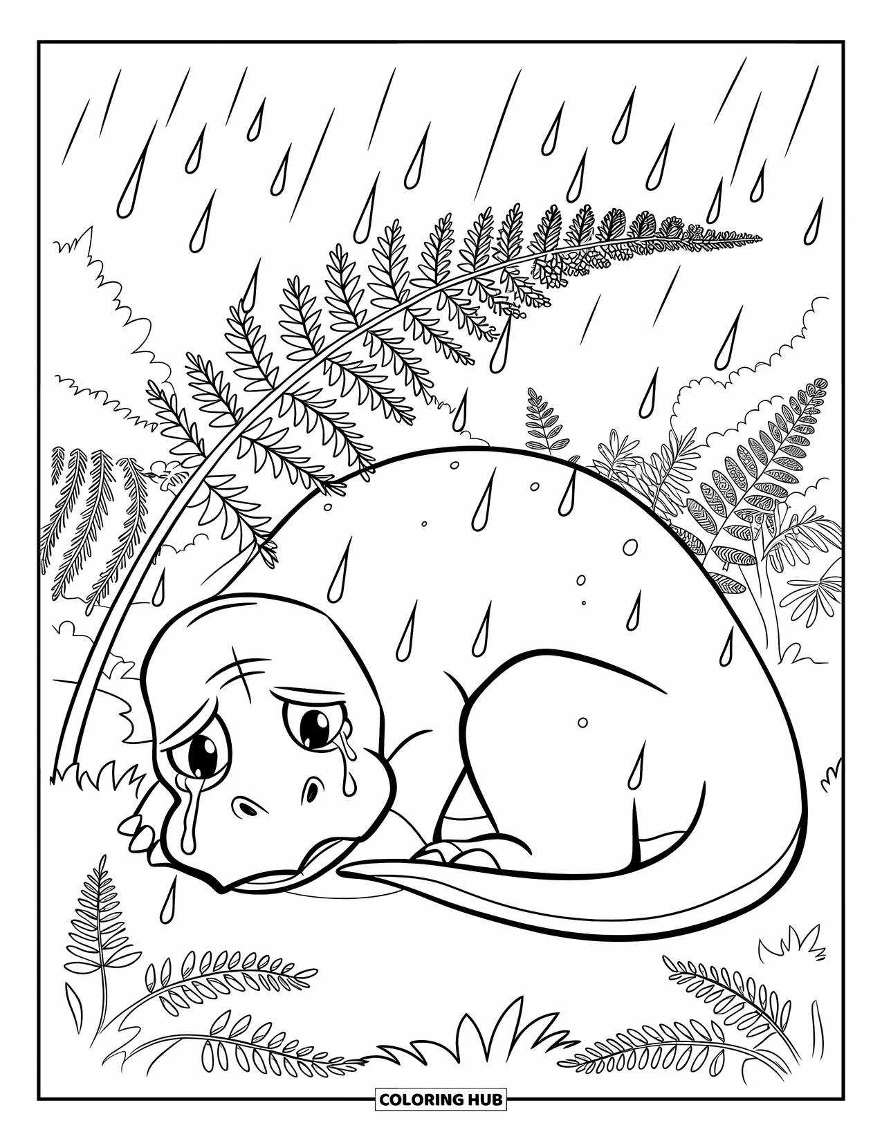 Sad Coloring Page for Kids: A sad dinosaur hides under a fern in the rain with tears rolling down its face