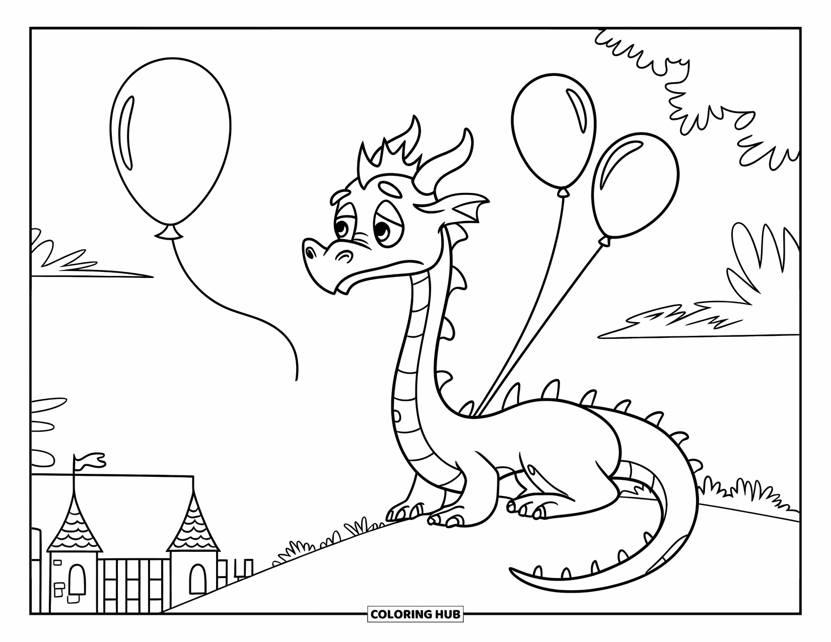 Sad Coloring Page for Kids: A sad dragon sits on a hill watching balloons drift away near a distant castle