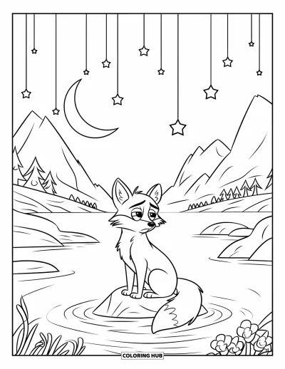 Coloriage triste pour enfants : Un renard triste est assis sur un rocher dans un lac, le regard tourné vers la lune avec des étoiles filantes au-dessus