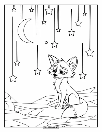 Coloriage triste pour enfants : Un renard triste est assis sur un sol rocheux en contemplant le croissant de lune avec des étoiles filantes