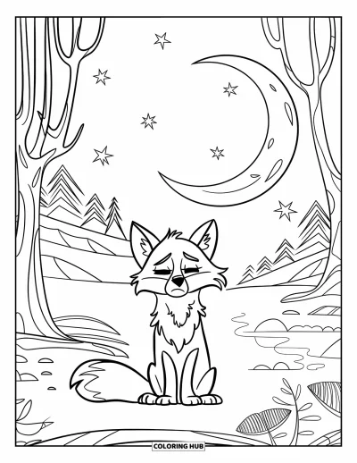 Coloriage triste pour enfants : Un renard triste aux yeux fermés est assis au bord d'une rivière à regarder des étoiles tomber de la lune