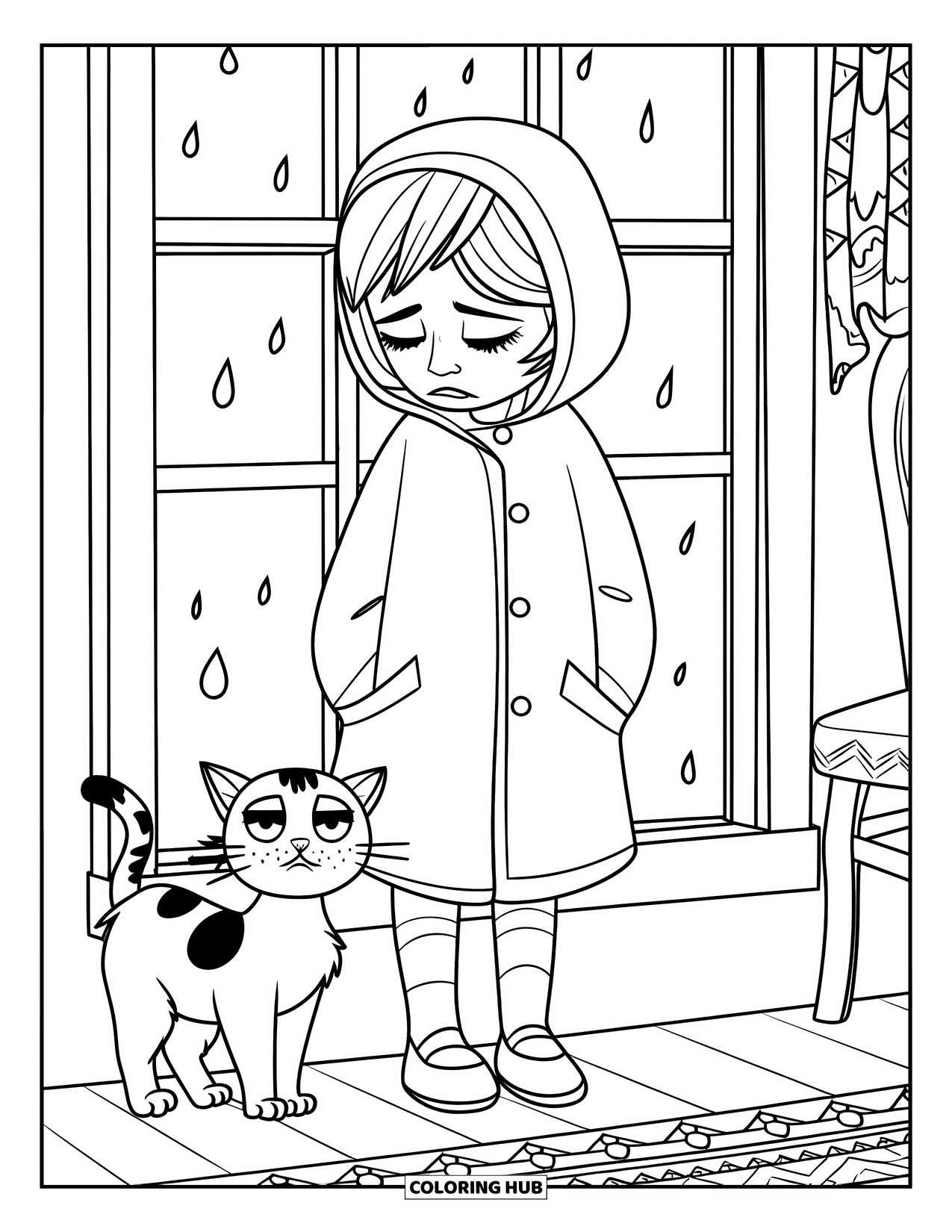 Sad Coloring Page for Kids: A sad girl in a raincoat rests her head on a window with her cat nearby