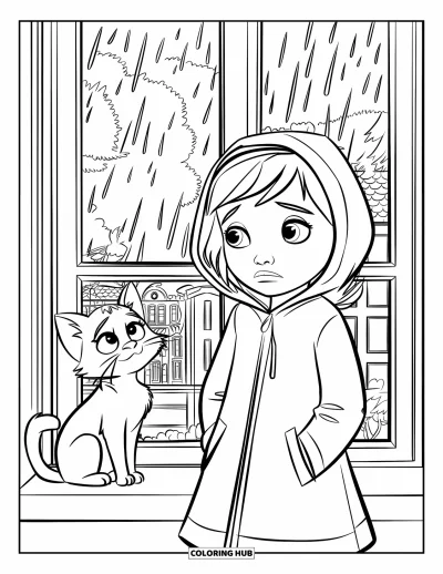Coloriage triste pour enfants : Une fillette triste en imperméable se tient devant une fenêtre avec son chat à ses côtés sous la pluie
