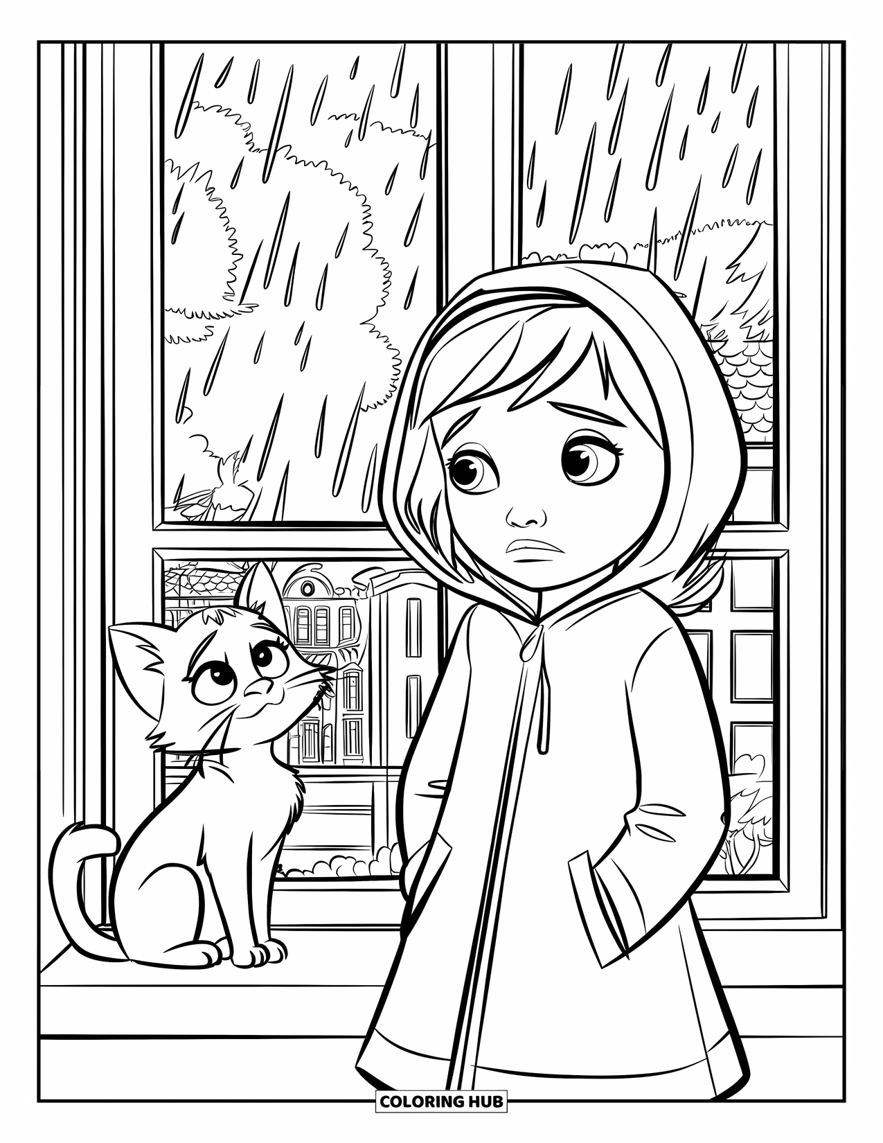 Sad Coloring Page for Kids: A sad girl in a raincoat stands at a window with her cat beside her watching rain
