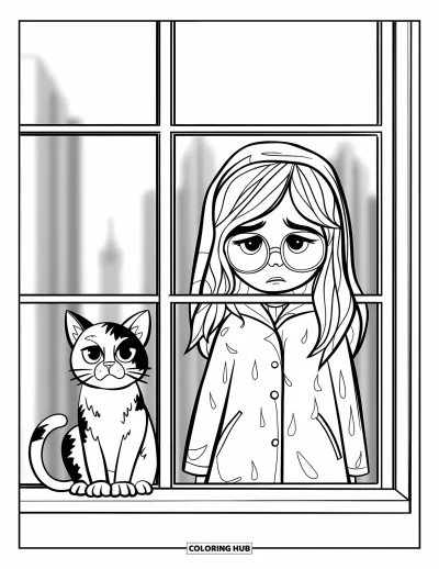 Coloriage triste pour enfants : Une fillette triste à lunettes et imperméable se tient devant une fenêtre avec son chat en ville