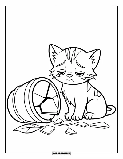 Coloriage triste pour enfants : Un chaton triste est assis près d'un pot de fleurs fissuré avec des morceaux brisés autour de lui