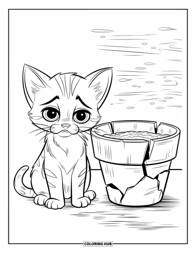 Coloriage triste pour enfants : Un chaton triste aux grands yeux est assis près d'un pot de fleurs fissuré avec de la terre à l'intérieur