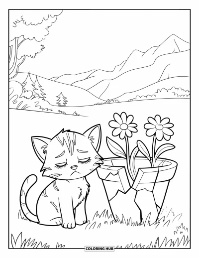 Coloriage triste pour enfants : Un chaton triste aux yeux fermés est assis dans l'herbe près d'un pot de fleurs fissuré et de fleurs
