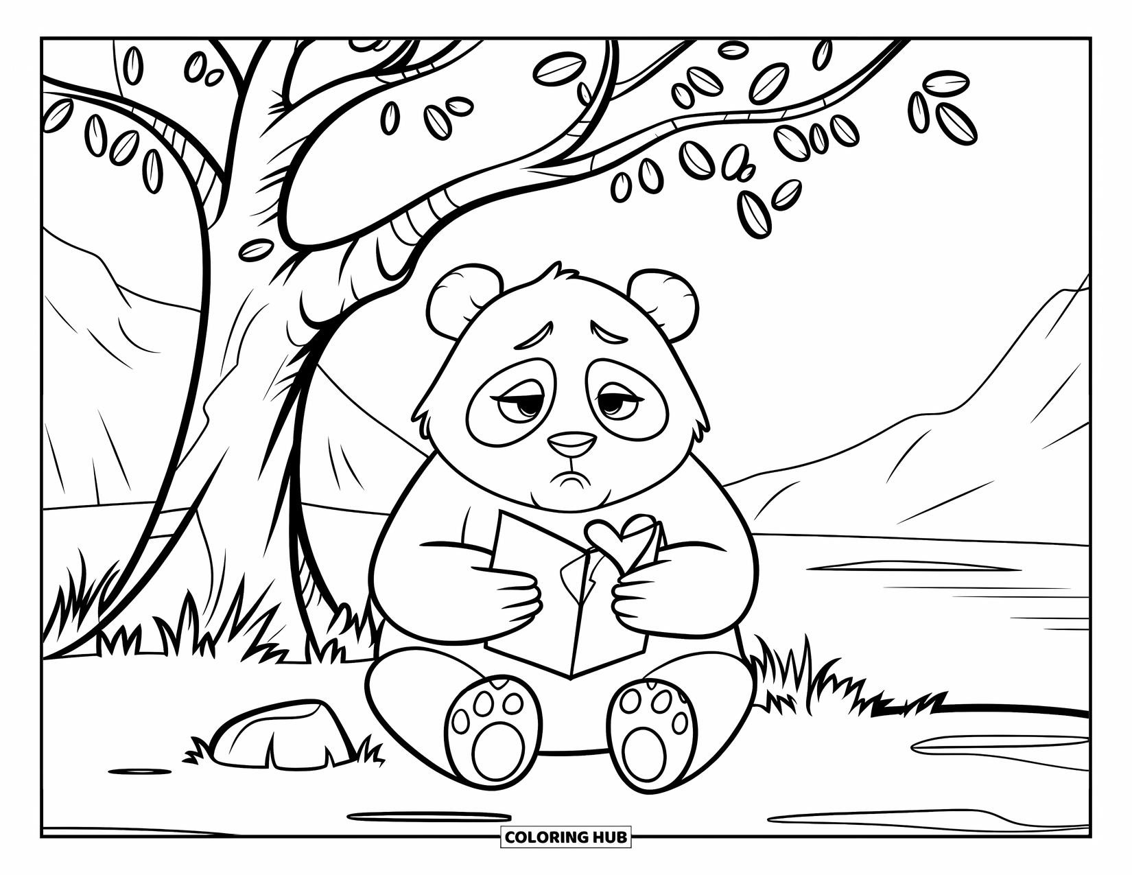 Sad Coloring Page for Kids: A sad panda holds a letter under a tree near mountains and calm water