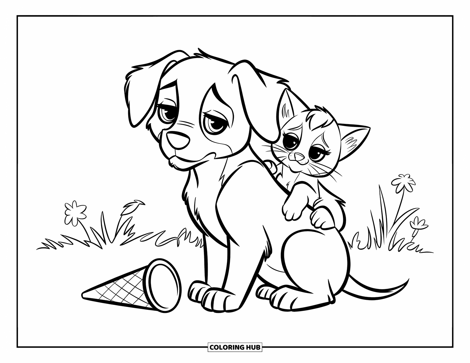 Sad Coloring Page for Kids: A sad puppy and kitten sit together near a dropped ice cream cone in a grassy field