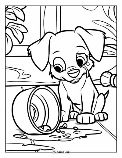 Coloriage triste pour enfants : Un chiot triste aux longues oreilles est assis près d'un bol de nourriture renversé près d'une plante et d'un jouet