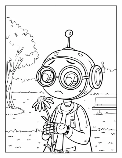 Coloriage triste pour enfants : Un robot triste en blouse de laboratoire et lunettes tient une fleur fanée dans un parc verdoyant