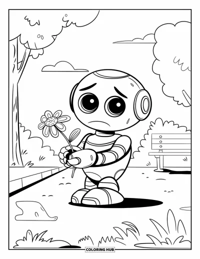 Coloriage triste pour enfants : Un robot triste aux grands yeux tient une fleur fanée dans un parc avec des arbres et un banc