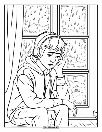 Coloriage triste pour enfants : Un adolescent triste en sweat à capuche et écouteurs est assis près d'une fenêtre sous la pluie avec des immeubles au dehors