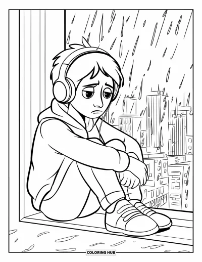 Coloriage triste pour enfants : Un adolescent triste avec des écouteurs est assis près d'une fenêtre sous la pluie avec une vue sur les toits de la ville