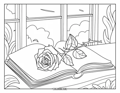 Coloriage triste pour enfants : Une rose solitaire repose sur un livre ouvert près d'une fenêtre sous un ciel nuageux et doux