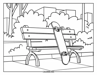 Coloriage triste pour enfants : Un skateboard s'appuie sur un banc de parc le long d'un chemin tranquille avec des arbres et des bâtiments autour