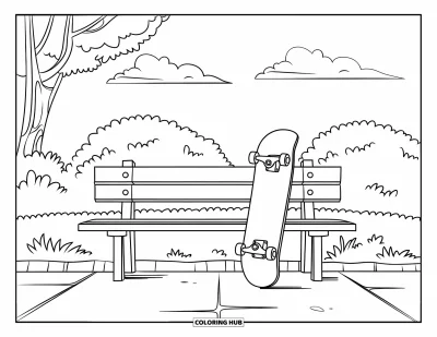 Coloriage triste pour enfants : Un skateboard s'appuie sur un banc de parc sous un ciel nuageux avec des arbres autour du chemin paisible