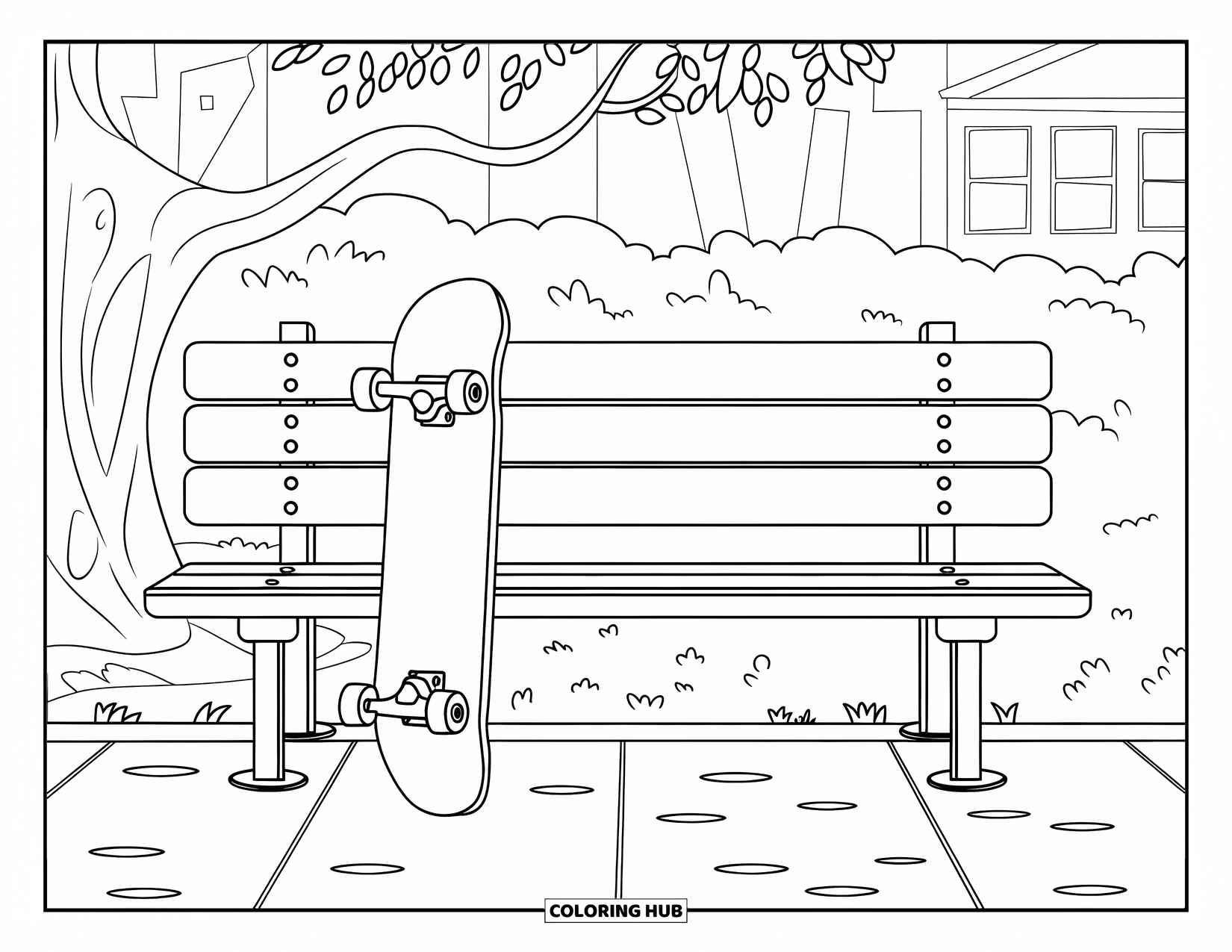Sad Coloring Page for Kids: A skateboard rests against a park bench under a tree near a building, calm and empty