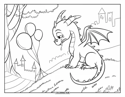 Coloriage triste pour enfants : Un dragon en larmes est assis sur une colline à regarder des ballons dériver près d'un château et d'arbres