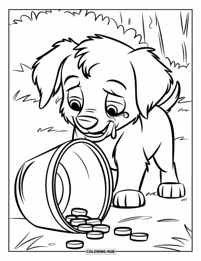 Coloriage triste pour enfants : Un chiot en larmes aux longues oreilles regarde un bol de nourriture renversé dans un coin herbeux