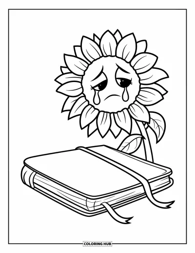 Coloriage triste pour enfants : Un tournesol fané au visage triste s'affaisse près d'un carnet de croquis fermé