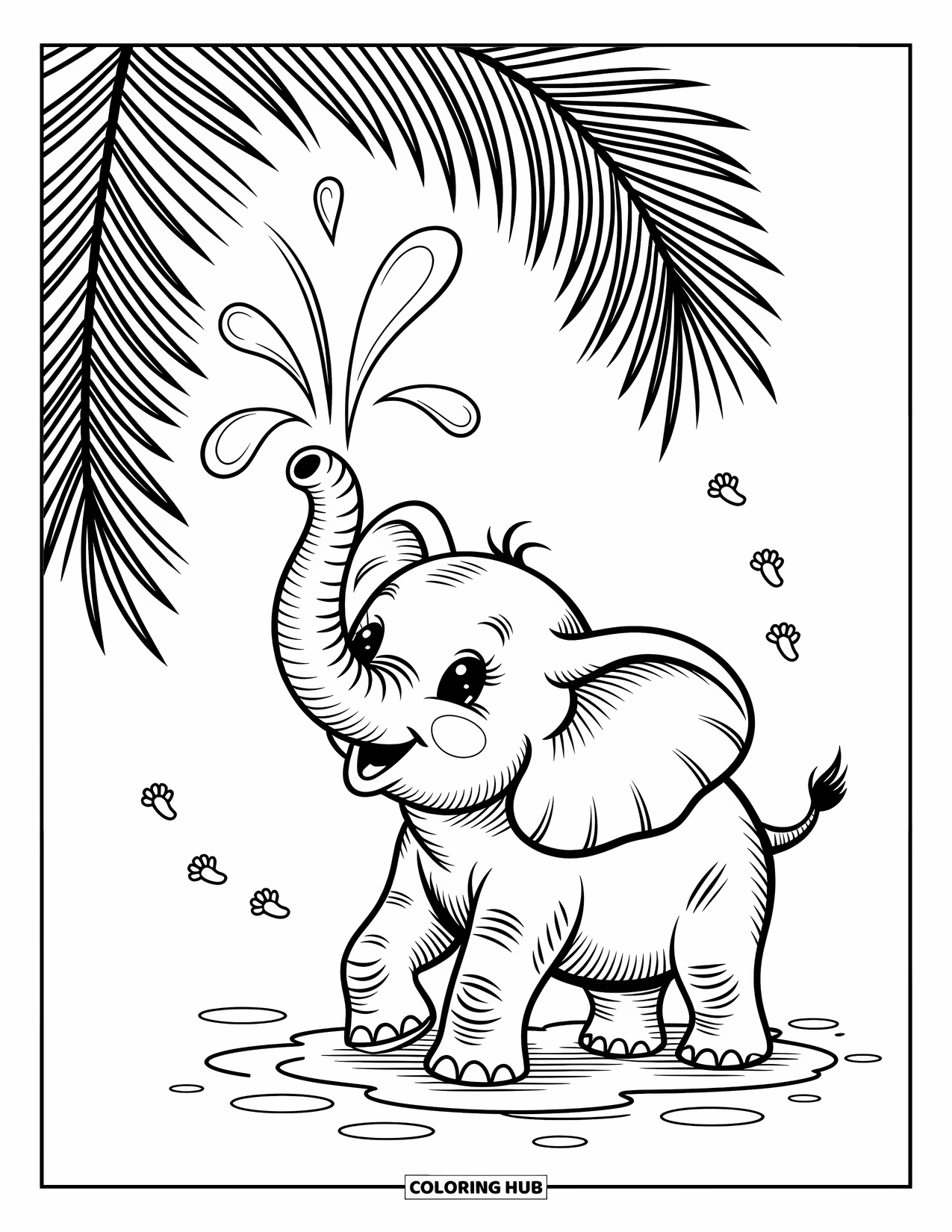 Safari Animal Coloring Page for Adults: A baby elephant splashes water joyfully with palm leaves and tiny birds nearby