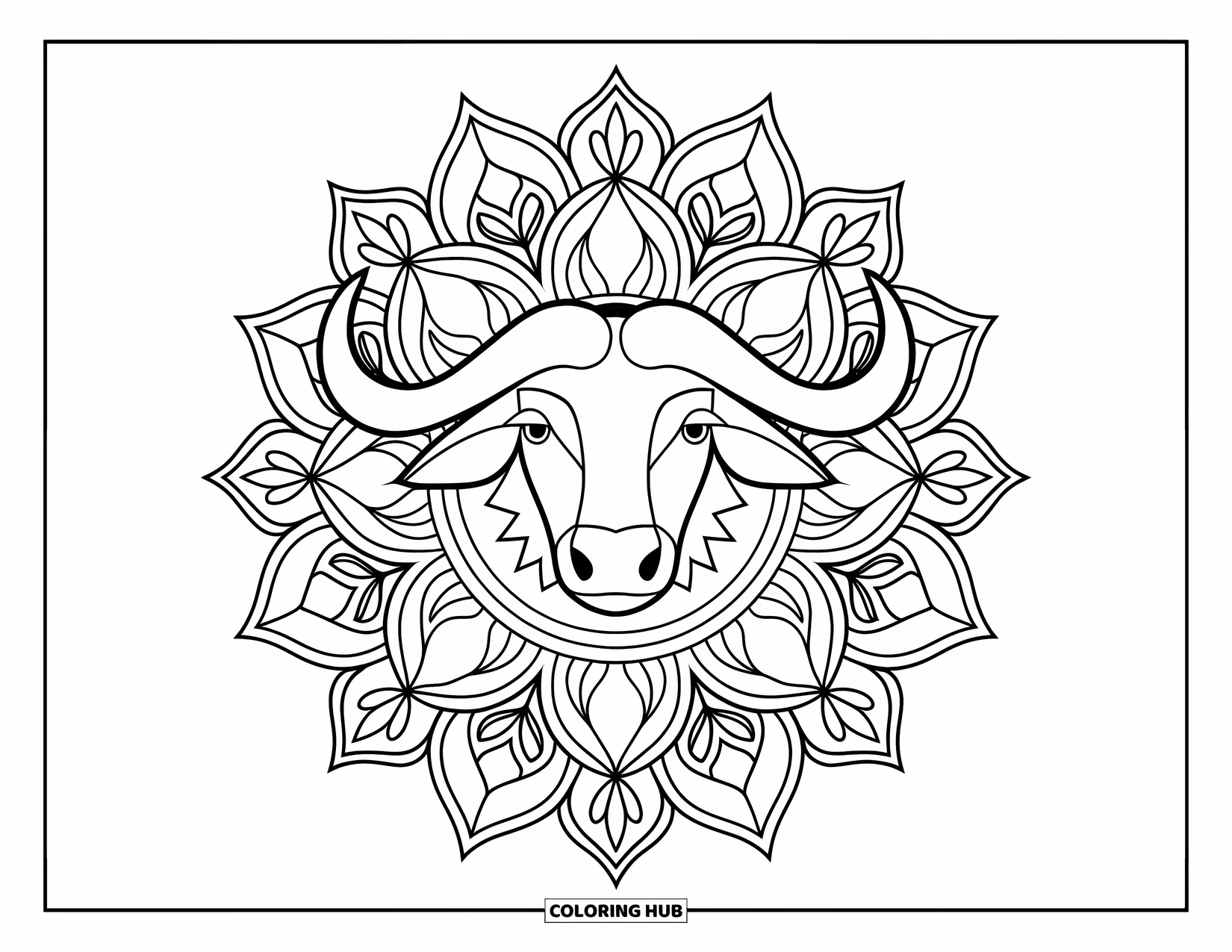 Safari Animal Coloring Page for Adults: A buffalo face with bold horns surrounded by a mandala of leaves and flowers