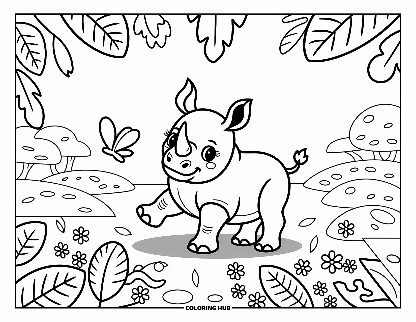 Safari Animal Coloring Page for Adults: A curious baby rhino lifts its leg to greet a fluttering butterfly