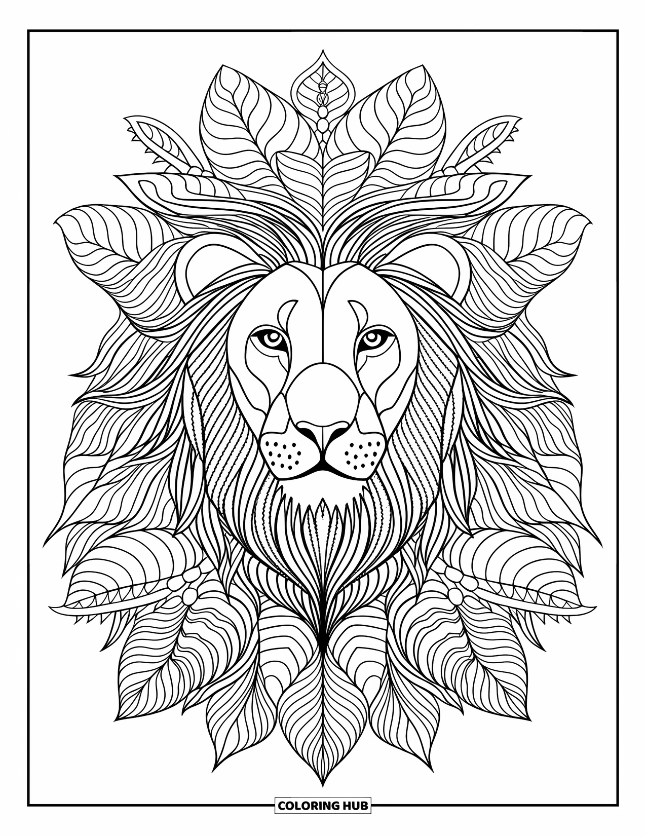 Safari Animal Coloring Page for Adults: A lion face centered within a botanical mandala of acacia leaves and vines