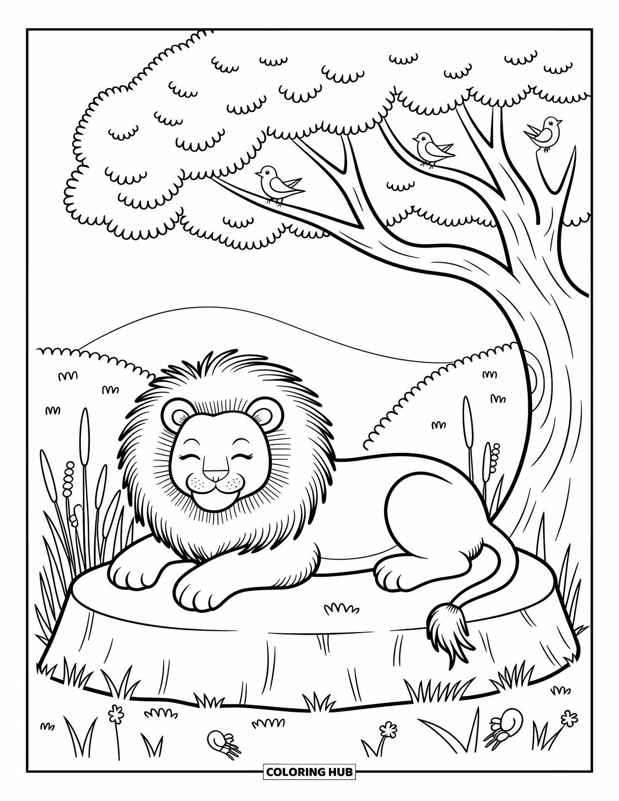 Safari Animal Coloring Page for Adults: A lion lounges peacefully under a leafy tree with birds and bugs nearby